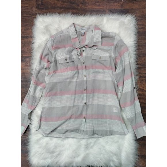 NWT Toad&Co Long Sleeve Striped Button Down Shirt Gray Pink Women's Size Medium - Picture 1 of 5